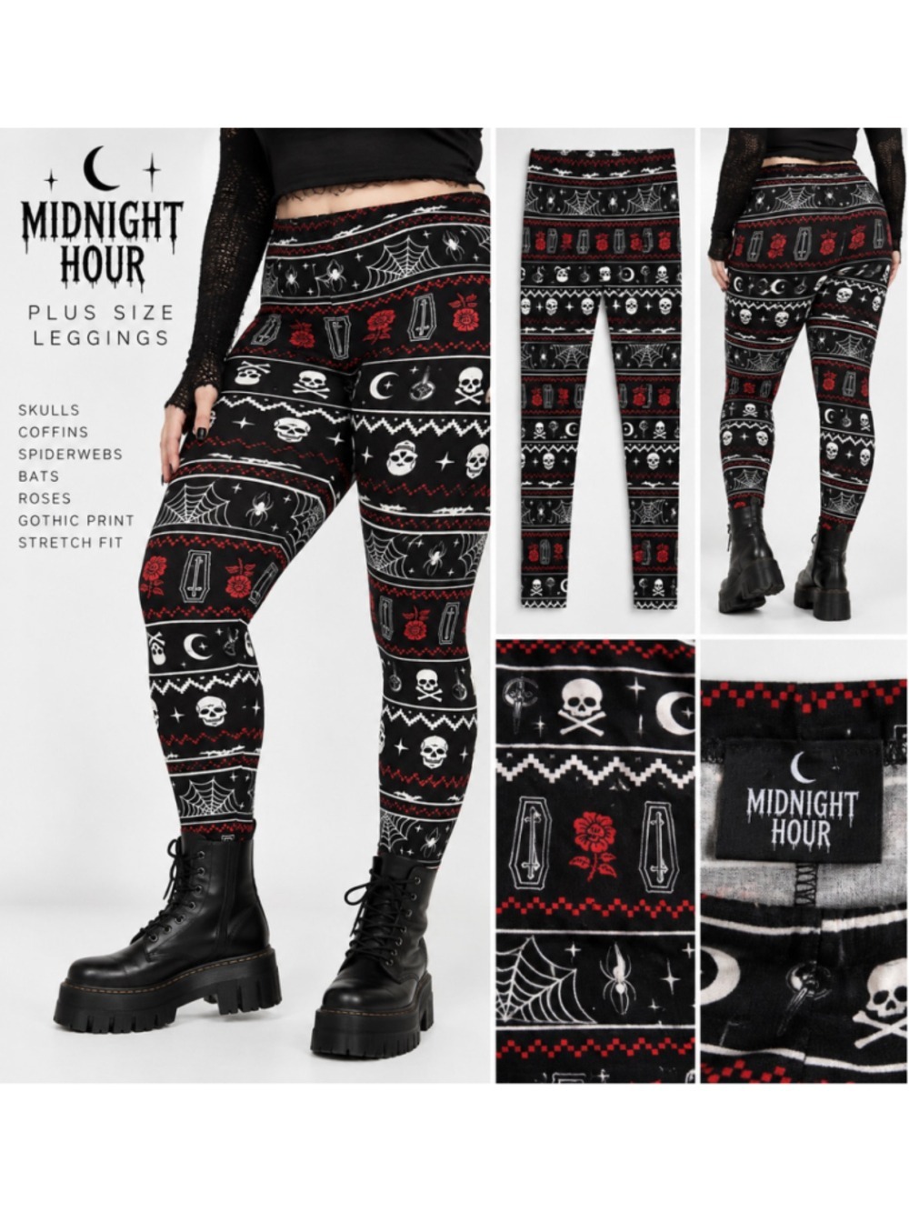 Midnight Hour Gothic Skull Spider Coffin Leggings Black Red Est 1X